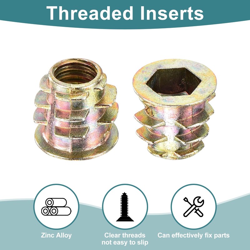 sourcing map 100Pcs Threaded Inserts, M6-1x10 Zinc Alloy Hex-Flanged Nut