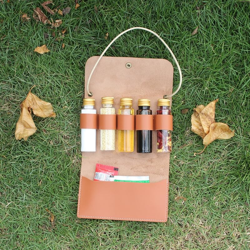 BY-J Camping Spice Kit with 5 Jars, Foldable Leather Spice