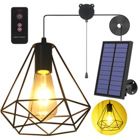 YUMAMEI Solar Pendant Lights, Solar Powered Shed Light with Pull Cord and Remote for Outdoor Indoor, Solar Chandelier, Gazebo Lights with Adjustable Panel for Yard Patio Balcony Barn Garage