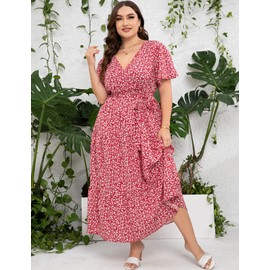ShopWonder Womens Plus Size V Neck Wrap Maxi Dress High Waist Ruffle Summer Casual Dress with Belt Red White Flower 4XL