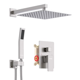 KOJOX Shower System with High Pressure 12 Inch Rainfall Shower Head, Handheld Shower head and Shower Faucet Trim valve, Bathroom Luxury Rain Mixer Shower Set Wall Mounted Brushed Nickel