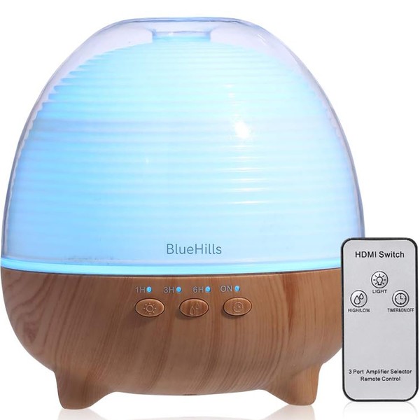 BlueHills Premium 600 ML Essential Oil Diffuser with Remote Cute Aromatherapy Humidifier Large Capacity Coverage Area for Home Room Office Spa Long 12 Hour Run Timer Lights Kids Baby Wood Grain-S02