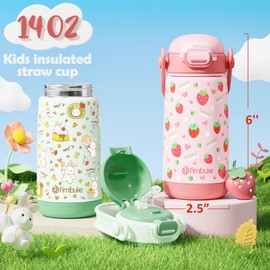 Fimibuke Kids Insulated Water Bottle with Straw Lid & Handle - 14oz BPA-FREE 18/9 Stainless Steel Metal Tumbler Leak Proof Double Wall Vacuum Kids Cup Toddler Water Bottle for School Boys Girls