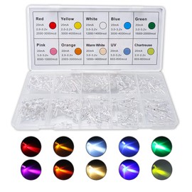 DiCUNO 200pcs 5mm LED Light Emitting Diodes 2pin Diffused Assorted Kit Box Color UV/Red/Yellow/Green/Blue/Warm White/White/Pink/Orange/Chartreuse (10 Colors x 20pcs)