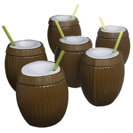 6 Pack Set Tiki 16oz Coconut Tropical Travel Tumbler Cup Plastic Drinking Glass & Straw BPA Free Plastic Reusable