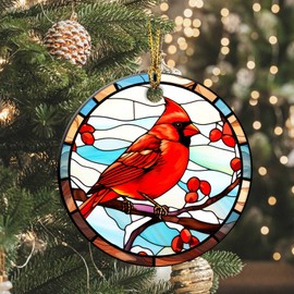 Cardinal Ornament 2024 Round Ceramic Stained Glass Style Red Bird Holly Red Berry Ornament Xmas Keepsake for Christmas Tree Winter Holiday Xmas Gift for Women Men Xmas Hanging Ornament 3" #2