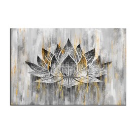 LevvArts Lotus Flower Wall Decor Trendy Silver Golden Flower Painting Canvas Prints Art Zen Lotus Picture Artwork for Living Room Yoga Meditation Spiritual Decor Framed Ready to Hang 24x36inch