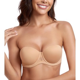 Lemorosy Women's Strapless Bra, Full Cup, Underwire, Removable Straps, Large Sizes, Multiway Minimiser Bra, Red Carpet, Pecan nut.