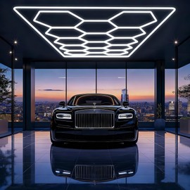 Muasdae Hexagon Garage Lights 14 Hex Grid 680W 81600LM 6500K, Super Bright Car Detailing Ceiling LED Shop Light for Warehouse Workshop Gym Basement Car Care Wash Room