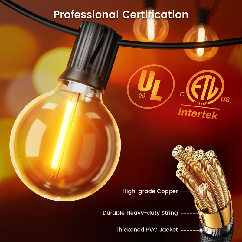 OHLUX Outdoor String Lights,110FT Dimmable Patio Lights with 58 Shatterproof