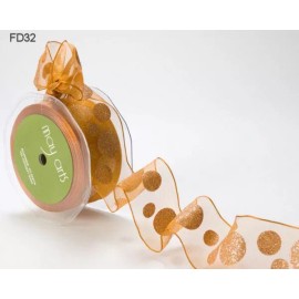 MAY ARTS RIBBONS~SHEER GLITTER DOTS~ANTIQUE GOLD COPPER~WIRE EDGE~1.5" X 1 YARD!