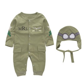 May's Baby Toddler Boys Pilot Jumpsuit 2pcs Set Toddler Outfits with Cap Olive Green