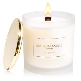 Lulu Candles | Saffron & Amber Intense | Smells Woody & Floral | Luxury Scented Candle w/Wood Wick | Hand Poured in The USA | Highly Scented (9 Oz. with Gold Lid)