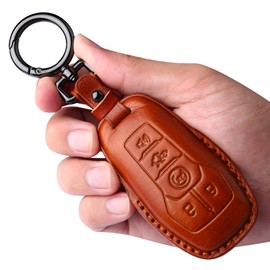 Tukellen for Ford Leather Key Fob Cover with Keychain Compatible with 2013-2016 Ford Fusion 2015-2017 Ford Mustang F-150 Explorer-Brown