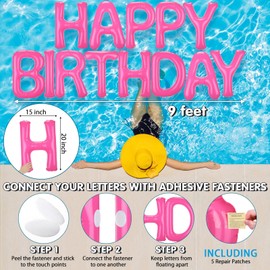 Shappy 20'' Happy Birthday Pool Large Floating Letter Balloons with Adhesive Dots Inflatable Pool Decorations for Summer Birthday Party(Pure Pink)