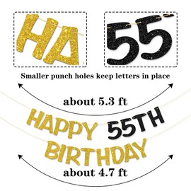 Happy 55th Birthday Banner - Adult 55th Birthday Party Garland Supplies - Cheers to 55 Years Party Decorations - Gold Black Glitter