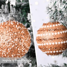 Glitter Christmas Balls Ornaments for Tree - Rose Gold Christmas Ornaments for Indoor Decorations - Orange Shatterproof Foam Xmas Bulbs for Holiday Party Decor 80mm 3.15inch, Pack of 12