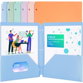 KTRIO Pocket Folders 2 Pocket Folders 3 Hole Punch-(6 Pack, Assorted Colors) Plastic Folders for 3 Ring Binder, 3 Hole Pocket Folders Letter Size Plastic Folders Colored Poly Folders for School