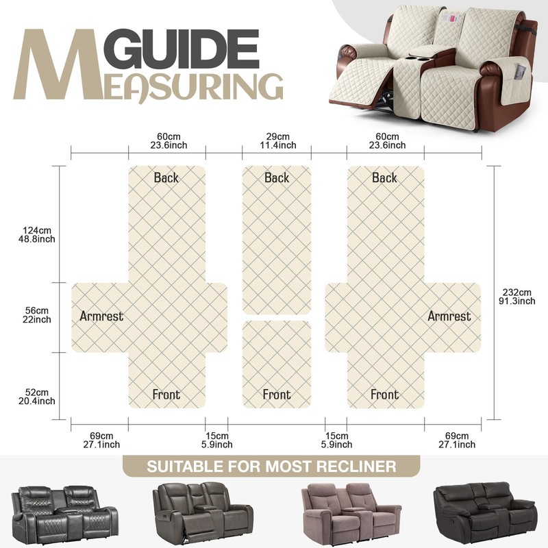 KinCam 100% Waterproof Loveseat Recliner Cover with Console, Non-Slip Reclining