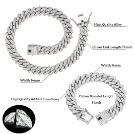 UILZ 2 Pcs Cuban Link Chain for Mens Women Iced Out Miami Cuban Necklace and Bracelet Hip Hop Bracelet Silver Plated Rhinestone CZ Clasp Chain Gift for Him 24"
