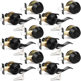 Probrico Front Door Entry Lever Lockset, Single Cylinder Deadbolt Combination Set, Flat Black Finish Keyed Alike Combo, Reversible for Right and Left Side 6Pack
