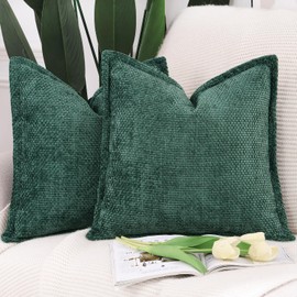 Madizz Set of 2 Chenille Velvet Cushion Covers with Flange Soft Boho Textured Throw Pillow Covers Broadside Pillowcases Modern Farmhouse Home Decor for Sofa Bedroom Dark Green 18x18 inch, 45x45 cm