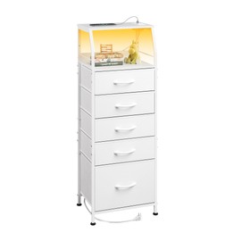 WLIVE LED Nightstand with Charging Station, White Dresser with 5 Fabric Drawers for Bedroom, Tall Night Stand with Open Shelves, Bed Side Tables Living Room