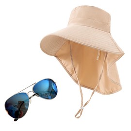Unisex Outdoor Wide Brim Sun Hat Mesh UPF50+ Safari Hats with Neck Flap Fishing Hats with 1 Pack Unisex Pilot Sunglasses (UK, Alpha, One Size, Kaqi Hat and Sunglasses)