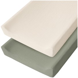 Konssy 2 Pack Muslin Changing Pad Cover for Baby Girls Boys 100% Cotton Fitted Diaper Changing Table Cover Set, Soft Changing Pad Sheets (Fog Green,Cream)