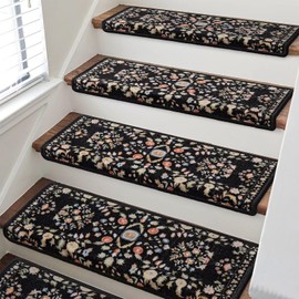 RORA Bullnose Carpet Stair Treads Non-Slip Stair Treads for Wooden Steps,Washable Stair Carpet,Floral Stair Rugs,Runner Indoor Stair Mats for Pets Elder,14pcs,29.5 ''x9.5 ”x1.5 '',Black