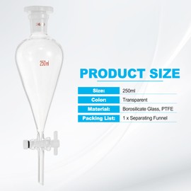 PATIKIL 250ml Conical Separating Funnel, Borosilicate Glass Heavy Wall Lab Separatory Funnel with 24/29 Joints and PTFE Stopcock for Titration Extraction