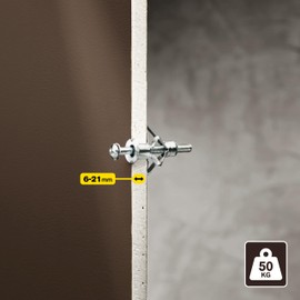 Rapid Cavity Dowel Metal with M6 Screw for Plasterboard 6-21 mm - Load Capacity 50 kg - Includes 13 x mm Drill and PH2 Bit - Set of 10 Dowels for Single Layer Walls