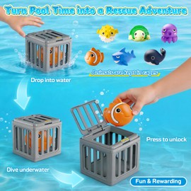 Kids Pool Diving Toys, Underwater Dive Rescue Toys with 6 Ocean Animals & Weighted Cages, Interactive Swimming Pool Dive Toys for Training, Fun Summer Outdoor Beach Swim Lake Party Gift for kids