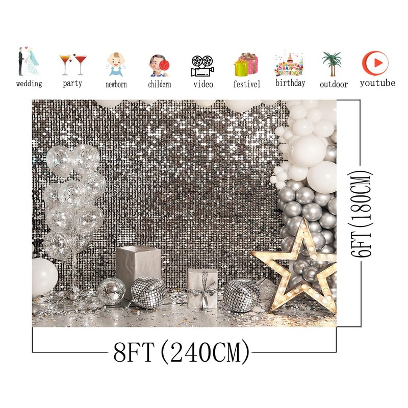 AIIKES 8x6FT Silver Flash Wall Backdrop Silver Sequins Disco Photography