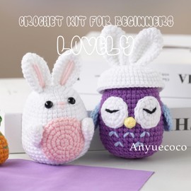 Anyuecoco Crochet Kit, 2PCS DIY Crochet Kit for Beginners，Knitting Kit for Adults Kids with Step-by-Step Video Tutorials and Instruction，Crochet Starter Kit with Cute Owl and Rabbit