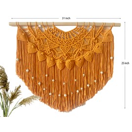 Youngeast Large Macrame Wall Hanging Boho Beaded Curtain for Window Macrame Bedroom Headboard Living Room Wall Art Tassel Tapestry Bohemian Woven Wall Decor 31" W X 25" H (Orange)
