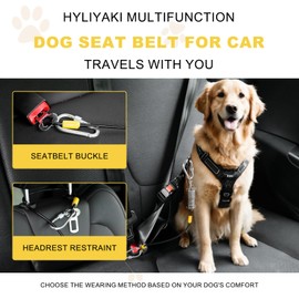 Dog Seat Belt Harness for Car, 5-in-1 Coated Wire Dog Seatbelt, HYLIYAKI Shock Spring-Loaded No Chew Pet Dog Car Seatbelt Leash, with Removable Reflective Short Leash(Black, 24 inch/60 CM)