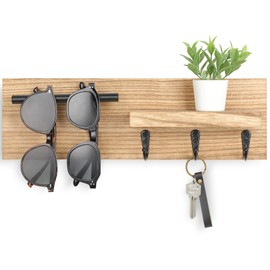 Lucundm Key Holder for Wall, Decorative Entryway Shelf with Hooks Holds Keys, Dog Leash, Sunglasses – Key Hanger with 3 Hooks Organizes, Enhances Home Decor (15” x 4.5” x 2.6”) (Wood)