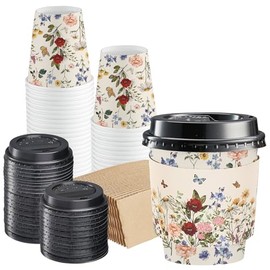 JarThenaAMCS 50 Sets Vintage Floral Coffee Cups with Lids and Sleeves 8oz Wildflower Paper Cups Flower Disposable To Go Coffee Cup for Cafes Shops Cappuccino Chocolate Beverage