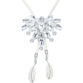 PEARLY JUN Bolo Tie for Men Women Rhinestone Silver Flower Bling Western Cowboy White Leather Country Style String Wear Shirt Vest