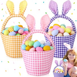 DoubleFill 3 Pcs Easter Bunny Basket for Boys Girls Egg Hunt Basket Bags with Rabbit Ears Plaid Candy Egg Basket Gift Buckets Easter Gifts Storage, 2025 New, Safety and No Odor(Yellow Purple Pink)