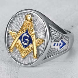 Jude Jewelers Stainless Steel Blue Gold Two Tone Masonic Master Mason Ring, Metal, Cubic Zirconia