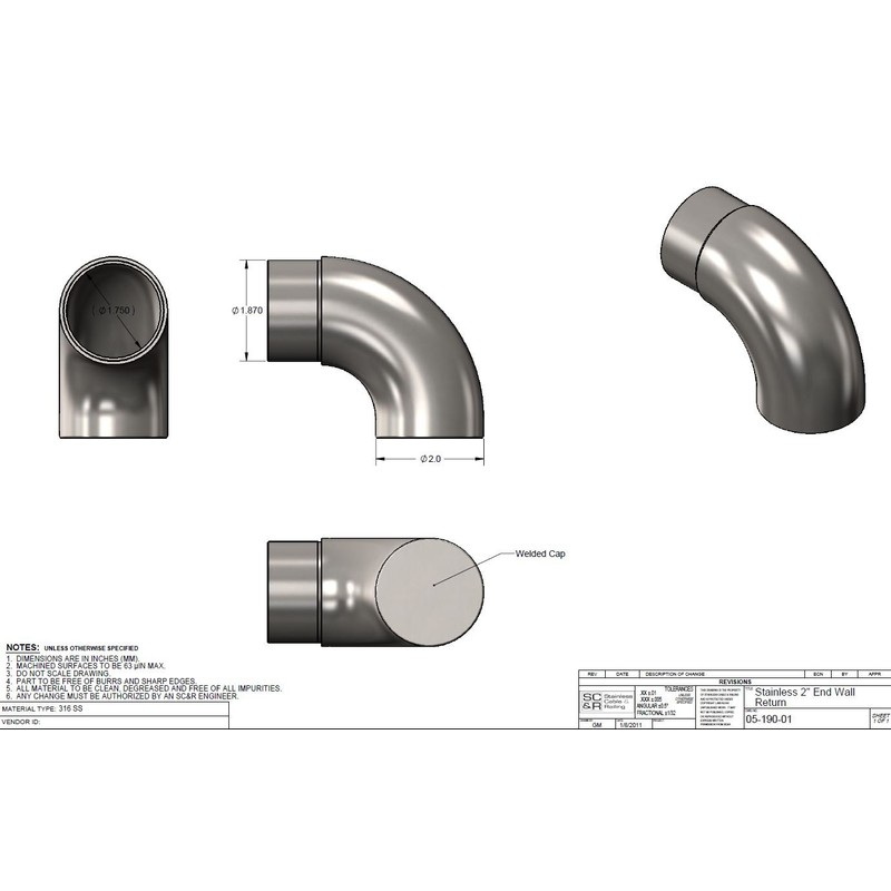 Stainless Steel Round Wall Return End Connects 2" OD Tube/Pipe