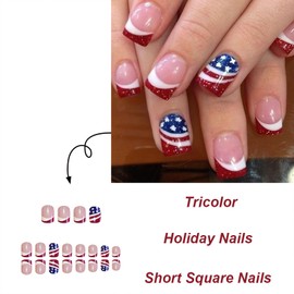 Mkwntg 4th of July Press on Nails Short Square French Tip Fake Nails Patriotic Glitter Glue on Nails with Star Designs Glossy Red white French Tip Full Cover Stick on Nails for Women Girls 24Pcs