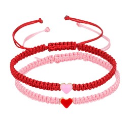 Pingyongchang 2PCS Colorful Heart Beaded Matching Bracelets for Couples and Friendships -Red + Pink