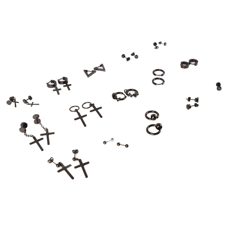 15 Pairs Earrings Set Black Stainless Steel Ear Studs Men
