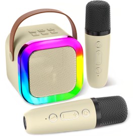 Mini Karaoke Machine Speaker for Kids Adults, Toys for Girls Boys Friends Age 3-12+, Birthday Gifts Portable Bluetooth Speaker with 2 Wireless Mics for 5 6 7 8 9 10 11 Years Teens Girl Boys (Beige)