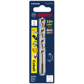 BOSCH CO2143B 1-Piece 1/4 In. x 4 In. Cobalt M42 Metal Drill Bit with Three-Flat Shank for Drilling Applications in Stainless Steel, Cast Iron, Titanium, Light-Gauge Metal, Aluminum
