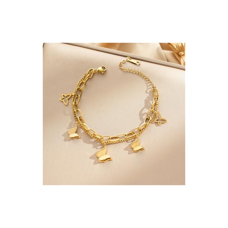 14K Gold Plated Stainless Steel Bracelets for Woman, Delicate Double-Layer