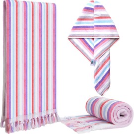 Bath Hand Hair Towel Set of 3- 550 GSM Turkish Cotton Absorbent Hair Towel Wrap(23.5''X10''), Thick Bath Towel(54''X30''),Absorbent Hand Towel(26''X16'')-Dobby Multicolor Stripe with Tassels